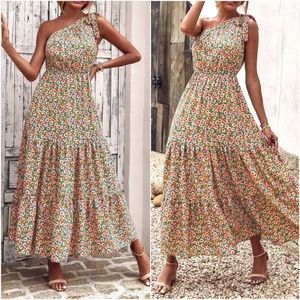 Boho Floral Print One Shoulder Ruffle Maxi Dress